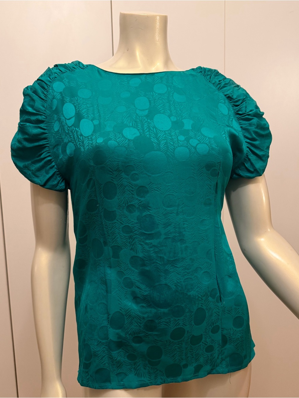 Oleg Cassini Teal Short-Sleeve Ruched Shoulder Top 100% Silk